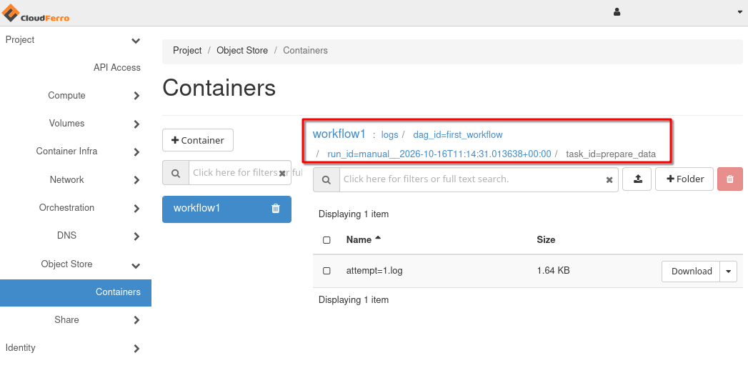 Horizon with the workflow1 bucket selected under Object Store, Containers