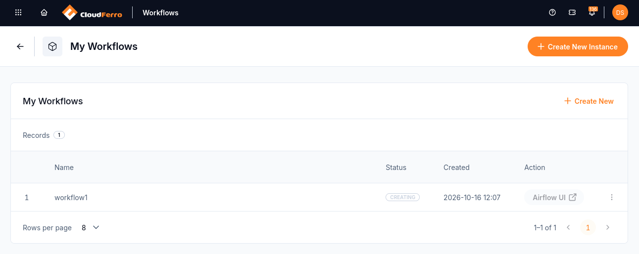 My Workflows listing the new workflow1 instance with status Creating