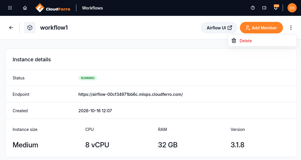 Workflows instance details showing status, endpoint, size, resources, and version