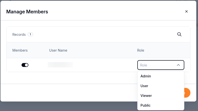 Manage Members dialog with membership switches and role selectors