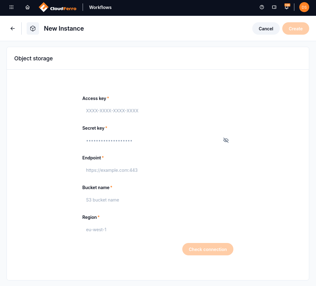 Object storage section with Access key, Secret key, Endpoint, Bucket name, and Region