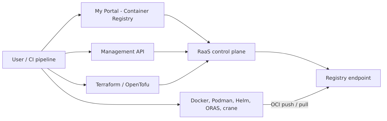 Portal, API, and Terraform management paths alongside direct container-tool access to the registry