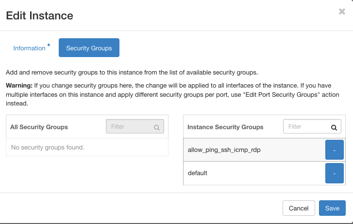 Example VM with the testing security group assigned alongside the default group.