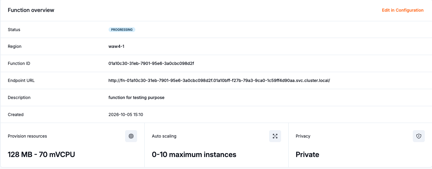 Function overview with status, endpoint, resources, scaling, and privacy