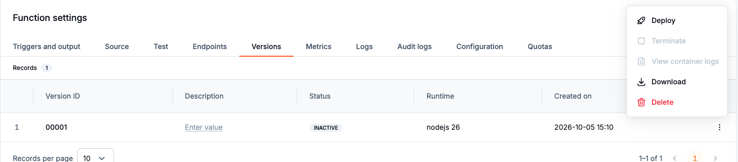 Deploy action for an inactive function version