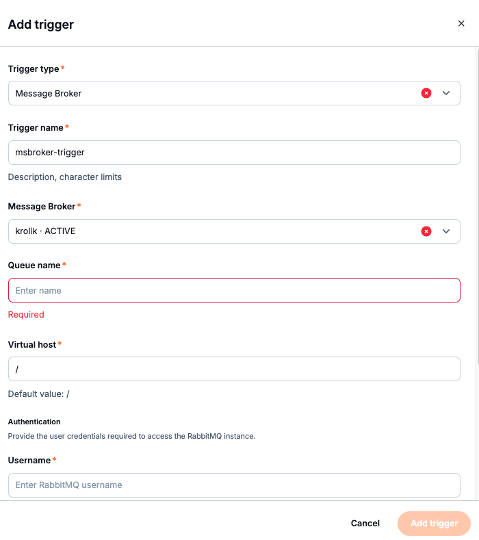 RabbitMQ trigger form with broker, queue, virtual host, and authentication fields