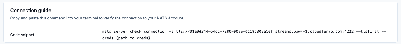 Connection command provided by My Portal for the NATS account