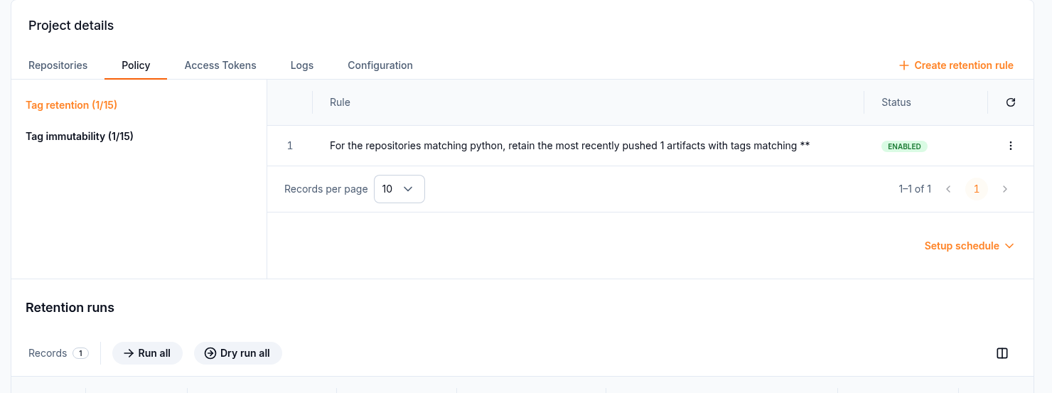 Tag retention rule, schedule, and runs