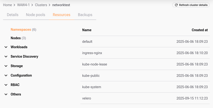 The velero namespace appears in the resource list after the backup components are installed.