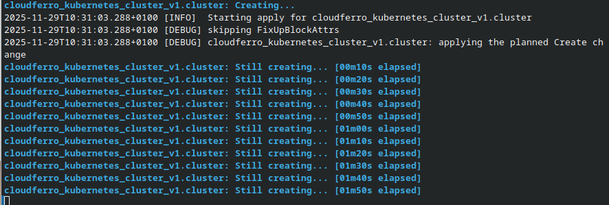 Terraform displays Creating and repeated Still creating messages with elapsed times.
