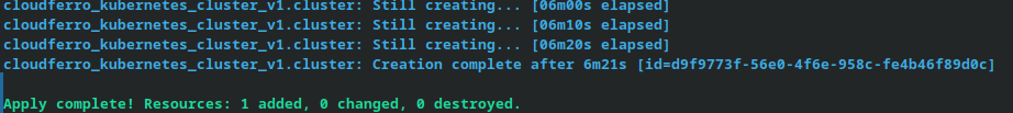 Terraform reports successful cluster creation. The elapsed time and cluster ID vary between runs.