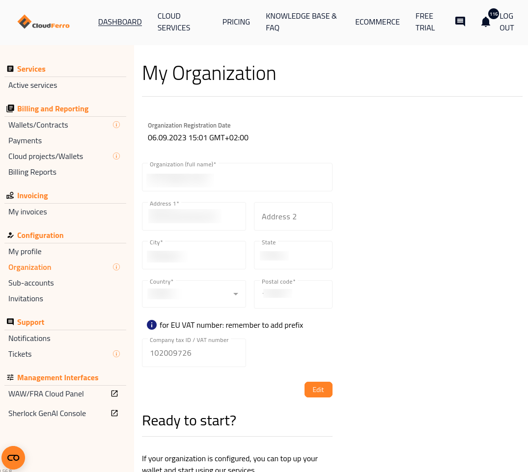 Organization settings in the CloudFerro portal