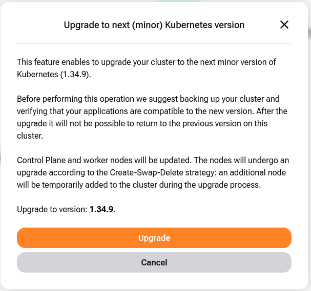 Earlier interface showing 1.34.9 as the available minor upgrade target for this example.